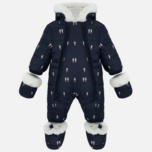 Load image into Gallery viewer, Mayoral Singapore Baby Boy Snowsuit. Warm, padded snowsuit for baby boys by Mayoral Newborn, in navy satin with a cute print. Lined in super soft white velour, it has white faux fur trims and two front zip fastenings. It comes with coordinating, detachable mittens and booties.