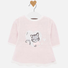 Load image into Gallery viewer, Mayoral Singapore Newborn Girl Dress with Cat Print. Sweet and charming, this powder pink dress from Mayoral will make sure they have the perfect outfit for everything from dinner to everyday adventures. It features an adorable cat graphic on the front and button closures on the back. Pair with tights and a velvet headband.