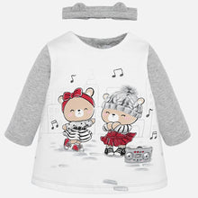Load image into Gallery viewer, Mayoral Singapore Newborn Girl Dress. Add this soft and comfortable dress to your newborn's collection. The long-sleeved dress features a playful bear print and comes with a matching headband. Style with a pair of booties for a completed look.
