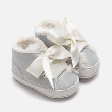 Load image into Gallery viewer, Treat little ones to their first pair of booties with these sweet silver shoes Spanish fashion brand, Mayoral. Crafted from a soft fabric, they're finished with a satin bow and would look adorable paired with any outfit.