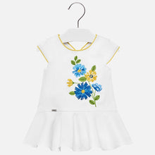 Load image into Gallery viewer, Mayoral Singapore Flower Embroidered Dress. This charming white cotton dress from Mayoral ticks all the boxes for holiday wear. Showcasing colorful embroidered florals, it also features delicate yellow trim around the armholes and the neckline. Add a pair of elegant sandals and a hat from the brand for a completed look.