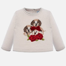 Load image into Gallery viewer, Mayoral Singapore Baby Girl Sweater. Keep them warm and stylish with this sweater from Mayoral. Made from a soft cotton blend, the design features a dog print and has a three button placket on the back. 
