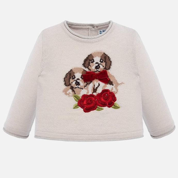 Mayoral Singapore Baby Girl Sweater. Keep them warm and stylish with this sweater from Mayoral. Made from a soft cotton blend, the design features a dog print and has a three button placket on the back. 