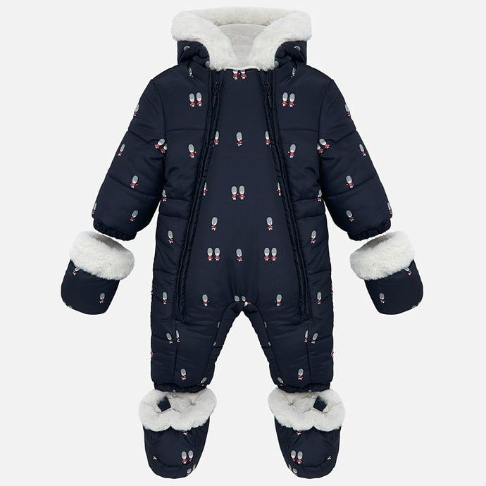 Mayoral Singapore Baby Boy Snowsuit. Warm, padded snowsuit for baby boys by Mayoral Newborn, in navy satin with a cute print. Lined in super soft white velour, it has white faux fur trims and two front zip fastenings. It comes with coordinating, detachable mittens and booties.