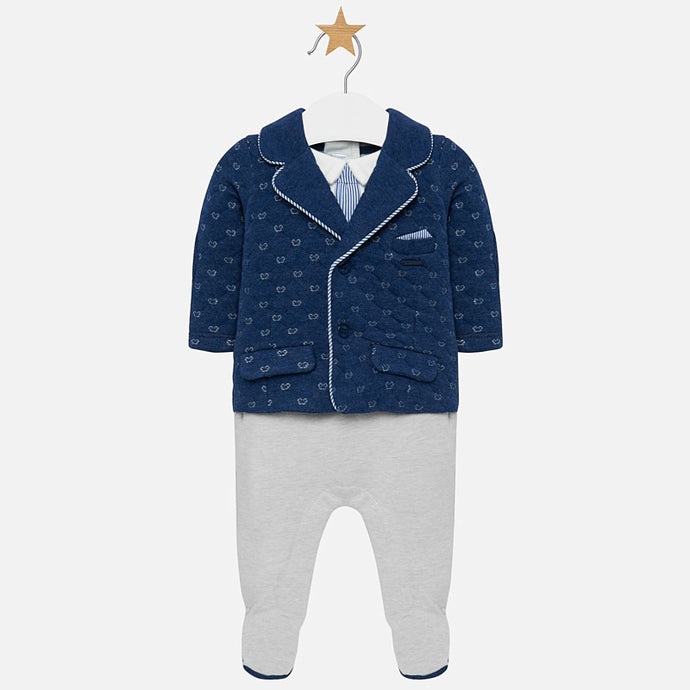 Mayoral Singapore Baby Boy Jumpsuit. Your little one will look chic and feel warm in this onesie from Mayoral. Made from a soft cotton blend, it features a blue top, a cute little tie and grey bottoms. 