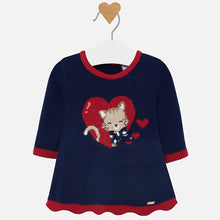 Load image into Gallery viewer, Mayoral Singapore Knit Dress for Baby Girls. Your little one will love wearing this sweet and soft knit dress from Mayoral. Crafted from a fine cotton blend knit, it includes a cat print. Pair with tights and booties for a sweet daytime look.
