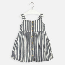 Load image into Gallery viewer, Mayoral Singapore Striped Dress. Girls striped dress from Mayoral. Made in a soft, lightweight cotton and linen blend, it has button fastening down the front, with pockets on the sides. It is fully lined in soft polycotton for added comfort.
